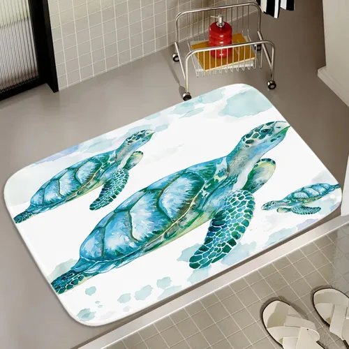 Miniatura 17 de Alfombra de baño de terciopelo coral con diseño náutico de tortugas marinas, animales de playa, tapete de ducha antideslizante para baño de océano