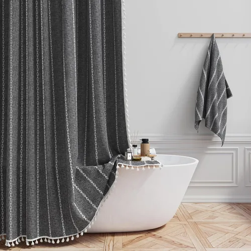 Miniatura 30 de BTTN - Cortina de ducha bohemia para cubículo de 36x72 - Juego de cortina de lino estrecha ultra gruesa con rayas y borlas, con 6 ganchos, cortinas