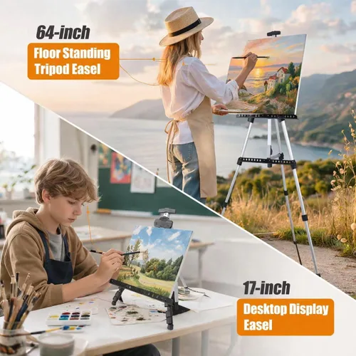 Miniatura 4 de MXG - Caballete de aluminio plateado para pintura, letreros y exhibición, caballete de mesa y piso ajustable de 17 a 61 pulgadas con bolsa