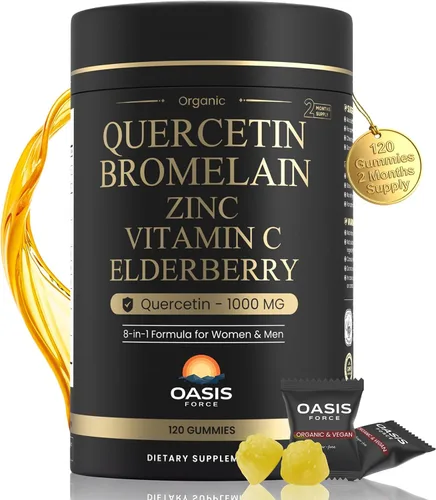 Gomitas de quercetina 8 en 1 con bromelina de 1000 mg, suplemento de quercetina orgánica de alta potencia con zinc y vitamina C, saúco, bienestar