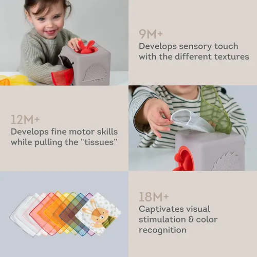 Miniatura 8 de Taf Toys Caja de pañuelos para bebé con conejito emergente - Actividad sensorial Montessori con 10 pañuelos de tela para el desarrollo motor fino
