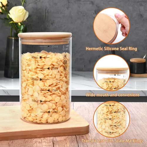 Miniatura 3 de Contenedores de almacenamiento de vidrio con tapas, tarros de vidrio con tapas de bambú, juego de recipientes para pasta, frutos secos, granos