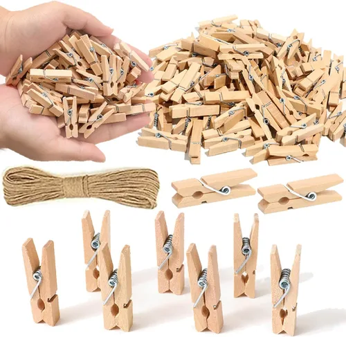 Miniatura 12 de Mini Pinzas de Ropa de 1.35 Pulgadas para Fotos, 100 Piezas con 32 Pies de Cordel de Yute, Mini Pinzas de Ropa para Manualidades, Pequeñas Pinzas