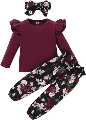 YALLET 3 piezas de ropa de niña pequeña, color liso, manga larga, con volantes, pantalón floral + diadema floral