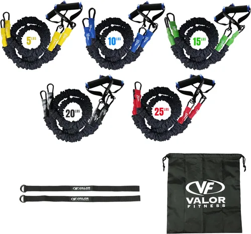Miniatura 16 de Valor Fitness Bandas de resistencia – 5 libras a 25 libras – Mosquetones adjuntos y 2 bandas por opción de peso con asas – Funda cubierta