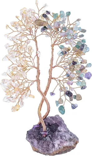 Miniatura 11 de mookaitedecor Árbol de cristal de aventurina verde natural y aguamarina con base de racimo de amatista, árbol del dinero de la vida adorno