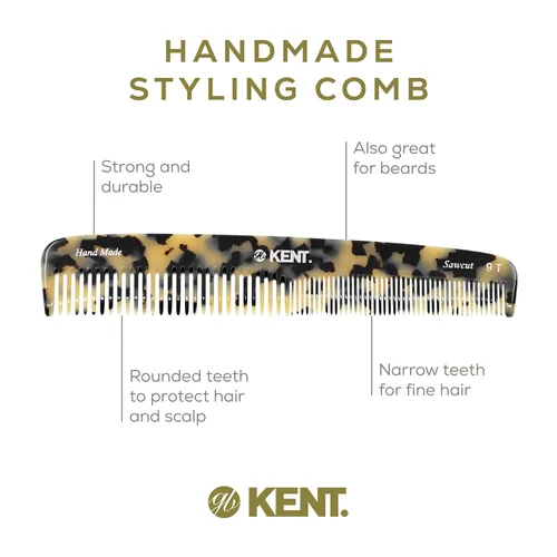 Miniatura 4 de Kent 9T Peine Desenredante de Dientes Finos y Dientes Anchos - Peine de Peinado Grande Hecho a Mano con Corte de Sierra para Cabello Húmedo y Blanco