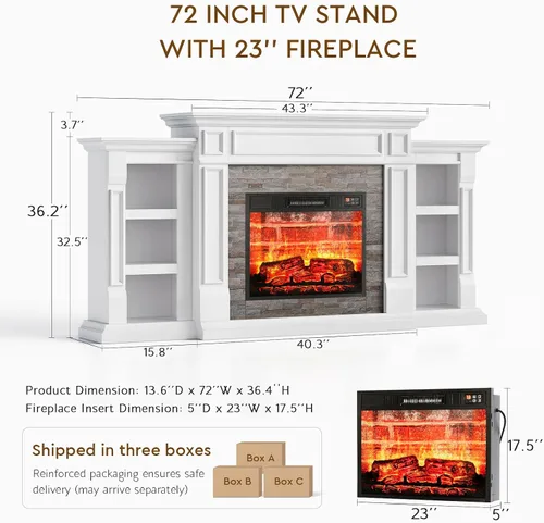 Miniatura 8 de LGHM Chimenea eléctrica de 72 pulgadas con repisa, soporte de TV para televisores de hasta 80 pulgadas, moderno centro de entretenimiento con Blanco