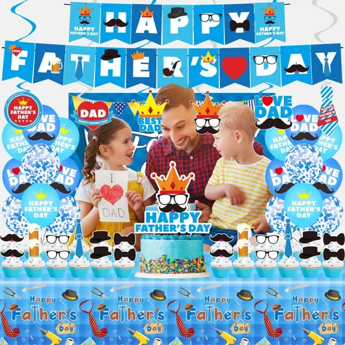 Miniatura 4 de Decoraciones de fiesta del día del padre, juego de suministros para fiesta del día del padre, incluyendo pancarta, remolinos colgantes, globos