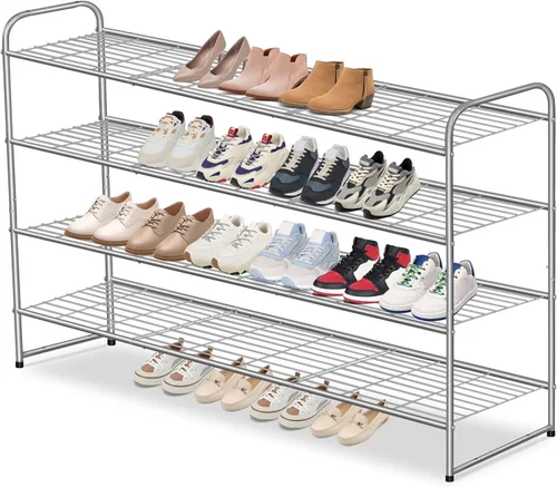 Miniatura 16 de AOODA Zapatero largo de 2 niveles para armario, organizador de almacenamiento de zapatos apilable de metal para entrada, dormitorio, piso, 18 pares