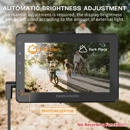 Miniatura 3 de PARKVISION Cámara de visión trasera de bicicleta con parasol, monitor HD 1080P de 4.3 pulgadas con atenuación automática, batería recargable de 8000