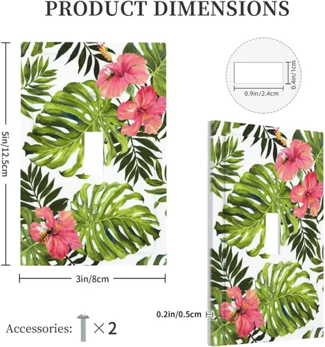Miniatura 5 de Cubierta de placa de pared con palmera verde de planta tropical, cubierta de interruptor de luz de 1 cuadrilla, hojas de plátano, flores rosas