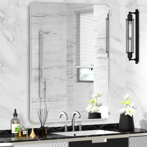 Miniatura 32 de Espejo de montaje en pared para baño, espejo rectangular de tocador rectangular con marco de metal negro cepillado (16 x 20 pulgadas, negro)