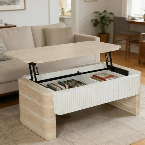 Miniatura 39 de Mesa de Centro Cuadrada de 35.43'' para Sala de Estar Mesa de Centro Acanalada Mesa Central Moderna con Pedestal para Apartamento Negro