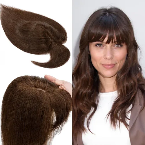Miniatura 14 de SEGO Toppers de cabello humano 100% real, con flequillo de aire, base de seda 150% de densidad, topper con clip, 2.7 x 5.1 pulgadas, piezas
