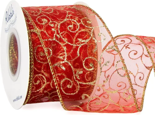 Miniatura 7 de Ribbli - Cinta con alambre y brillantes remolinos, cinta transparente de organza burdeos con patrón de remolino de brillantes dorados y borde