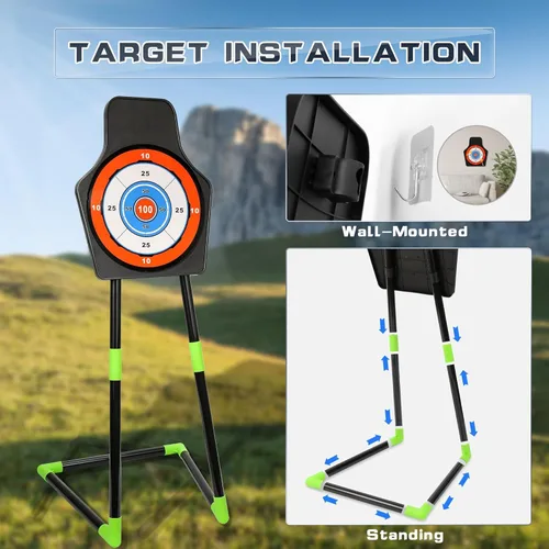 Miniatura 7 de Handwell Juego de arco y flecha para niños con luz LED, juego de tiro con 10 flechas de ventosa, juguetes para interiores y exteriores, con objetivo