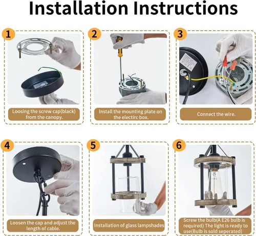 Miniatura 9 de Lámpara Colgante de Granja, Accesorios de Luz Colgante de Madera Blanca Rústica y Jaula de Metal con Vidrio, 43 Pulgadas Ajustable para Techo Plano