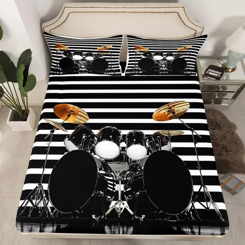 Miniatura 17 de Erosebridal Juego de sábanas de tamaño individual con temática musical, con estampado de notas musicales, juego de cama ajustable en blanco y negro