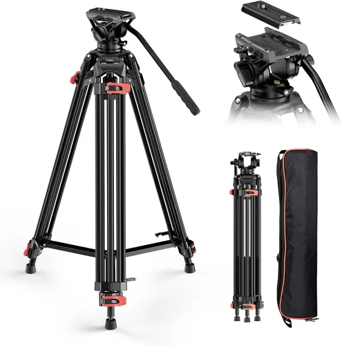 COMAN Trípode de video de 74.4 pulgadas, trípode de cámara resistente con cabezal fluido y aleación de aluminio, carga máxima de 17.6 lbs/8 kg para