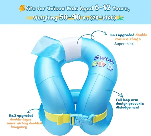 Miniatura 5 de Chaleco de natación para niños de 33 a 88 libras, flotadores inflables portátiles para piscina, anillo de natación con hebilla de seguridad Azul