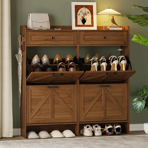 Miniatura 24 de BORNOON Gabinete de Almacenamiento de Zapatos para Entrada, Gabinete Estrecho de Zapatos Estilo Granja con 2 Cajones Abatibles y Cajones Superiores