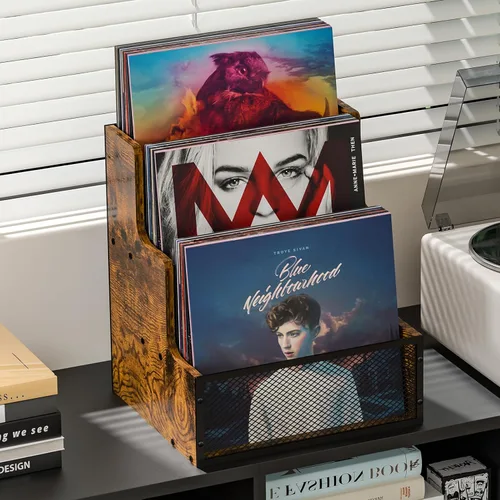 Miniatura 2 de Yuzehuaza Paquete de 2 cajas de almacenamiento de discos de vinilo LP escalonadas de 3 niveles, soporte para álbumes de discos de vinilo