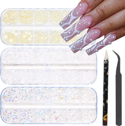 Perlas planas para uñas, perlas blancas para arte de uñas, perlas de uñas de color AB para arte de uñas, perlas de joyería para uñas, con bolígrafo
