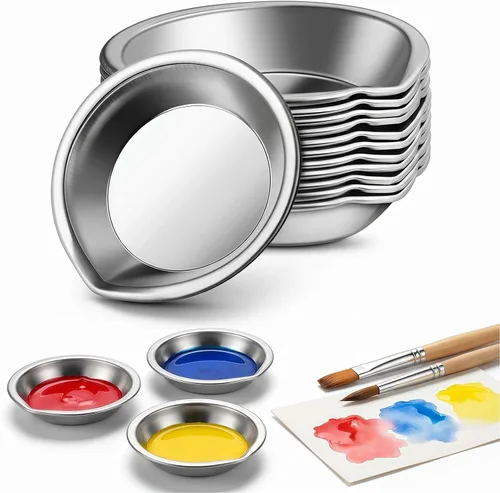 12 piezas de hierro inoxidable pequeña bandeja redonda de pintura bandeja de mezcla de pintura paleta de colores, mini paleta de acuarela de metal