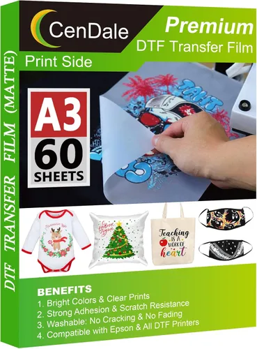 CenDale DTF Transfer Film - A3 (11.7" x 16.5") 60 hojas de doble cara mate transparente pretratadas - hojas de película PET DTF para impresión