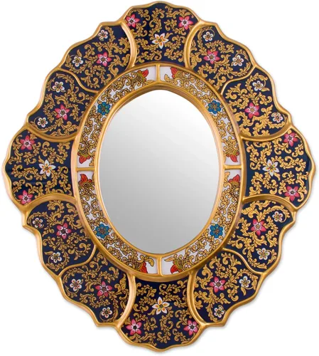 NOVICA Espejo de pared de vidrio pintado en reversa, hecho a mano, madera de vidrio azul metálico andino, espejos decorativos de Perú, flores [13.75