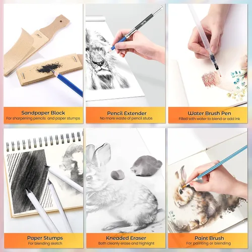 Miniatura 6 de Kit de bocetos de 106 piezas de suministros de arte, lápices de dibujo profesional con cuaderno de bocetos de 3 colores, libro para colorear, Negro