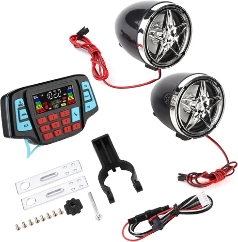 AMONIDA Altavoces estéreo para motocicleta, reproductor de MP3 de motocicleta, sistema de altavoces estéreo de audio USB, portador de tarjeta de