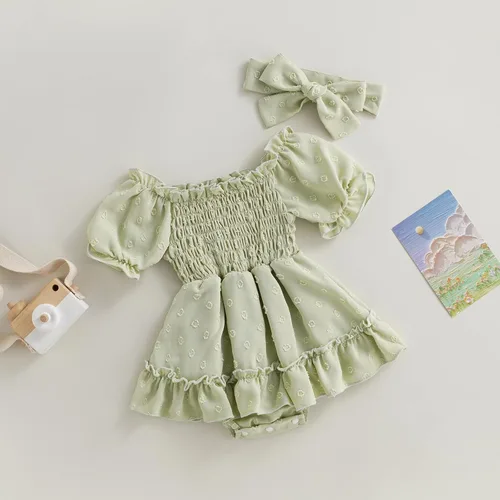 Miniatura 4 de Mameluco para bebés y niñas de 3, 6, 9, 12, 18 meses, enterizo de manga corta, fruncido, faldas y dobladillo, diadema