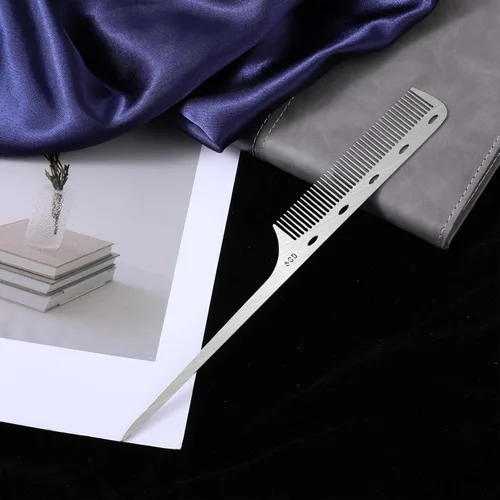 Miniatura 5 de Peine de cola de rata de metal con púa de metal, peines de pelo de acero inoxidable, parte superior plana, peines de corte fino, peine de peluquero