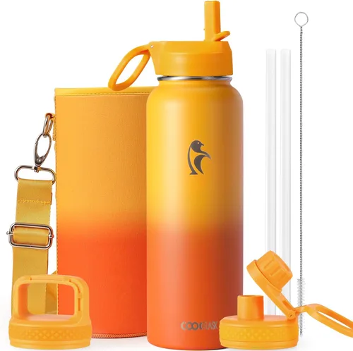Miniatura 36 de Coolflask Botella de agua de 20 onzas aislada con pajilla, 3 tapas de metal de acero inoxidable, botella de agua de boca ancha para deportes u