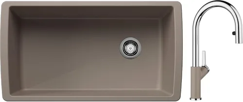 Miniatura 11 de BLANCO Diamond SILGRANIT - Fregadero de cocina súper individual con grifo de cocina desplegable Urbena a juego de color, color antracita