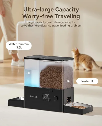 Miniatura 6 de Rojeco Dispensador Automático para Mascotas de 36 Tazas/8.5L y Dispensador de Agua por Gravedad, Juego de Cuencos de Acero Inoxidable 2-en-1 de Gran
