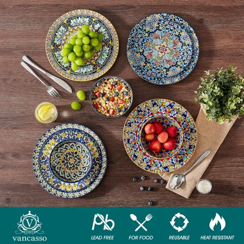 Miniatura 3 de vancasso Juego de vajilla de 18 piezas, platos y cuencos, juego de platos de porcelana para 6, aptos para microondas y lavavajillas, resistente a