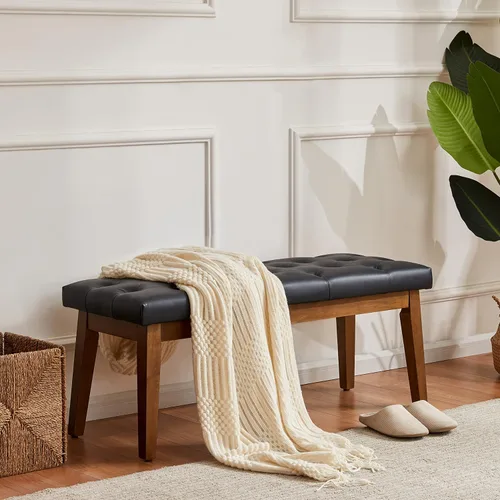 Miniatura 8 de HUIMO Banco de entrada, cuero negro, madera maciza, duradero y resistente al desgaste PU-Negro
