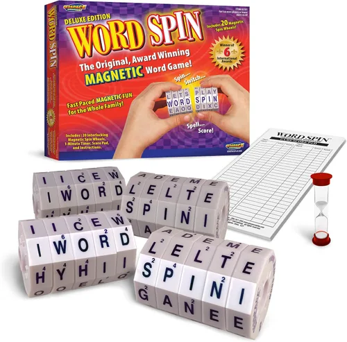 Geospace Word Spin Deluxe Family Edition para adultos y niños – El galardonado juego de palabras magnético con 20 ruedas giratorias magnéticas,