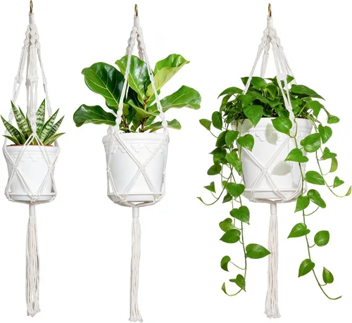 Macetas colgantes con colgadores de macramé, juego de 3 macetas de riego automático, cestas de flores colgantes para plantas de interior y exterior,