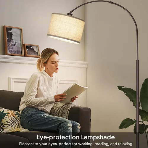 Miniatura 5 de Lámpara de pie de ratán, lámparas de pie de arco para sala de estar, lámpara de pie de granja con pantalla de tela colgante ajustable, lámpara
