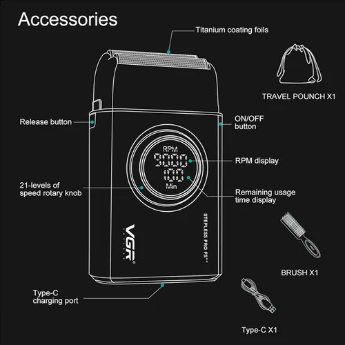 Miniatura 5 de VGR 377 - Afeitadora de aluminio para hombre, maquinilla de afeitar eléctrica para afeitarse la cara con doble lámina, motor de 21 velocidades a