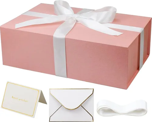 YINUOYOUJIA Cajas de regalo rosadas con tapa, 14"x9"x4.5" Caja de regalo magnética con cinta, tarjetas y sobres para regalos, ideal para bodas,