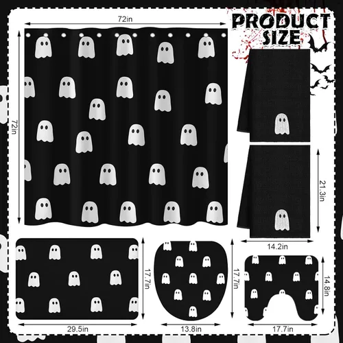 Miniatura 3 de Juego de 6 cortinas de ducha fantasma de Halloween de 72 pulgadas con 12 ganchos, alfombra antideslizante, cubierta de tapa de inodoro, toalla