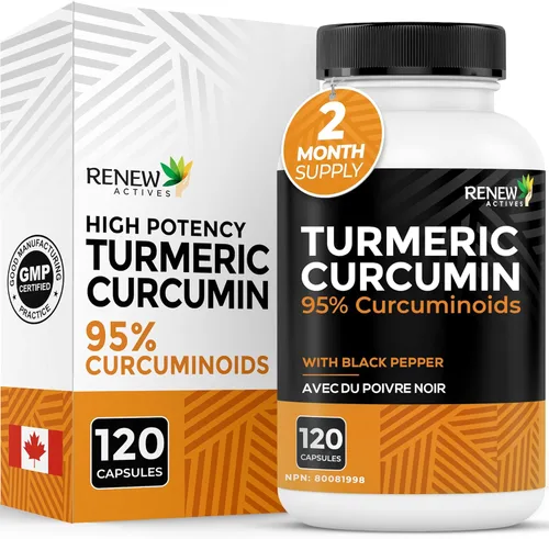Renew Actives Curcumina de cúrcuma orgánica de máxima potencia + cápsulas de pimienta negra. Suministro de 2 meses. Sin OMG y fuente de