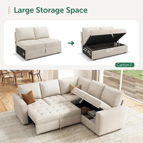Miniatura 3 de HONBAY Sofá cama modular modular con cama extraíble, sofá en forma de L con asiento de almacenamiento, sofás seccionales para sala de estar, beige