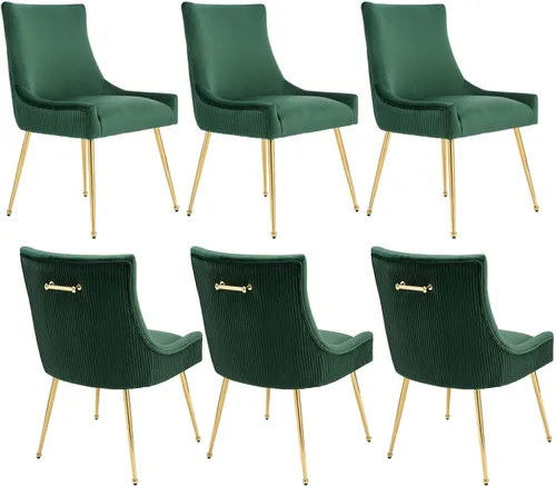 Miniatura 18 de adochr Juego de 2 sillas de comedor modernas con patas de metal dorado, silla de cocina tapizada de terciopelo, respaldo plisado, silla decorativa