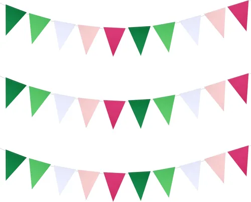 Mefuny Banderines en blanco de 30 pies, 45 unidades, color verde, rosa, blanco, banderines de banderines triangulares, guirnaldas de banderines